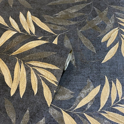 Luxury Leaf Navy Champagne sw6 Wallpaper