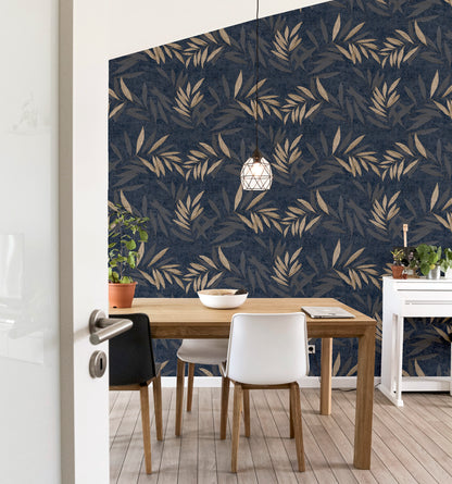 Luxury Leaf Navy Champagne sw6 Wallpaper