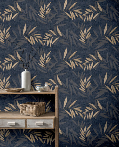 Luxury Leaf Navy Champagne sw6 Wallpaper