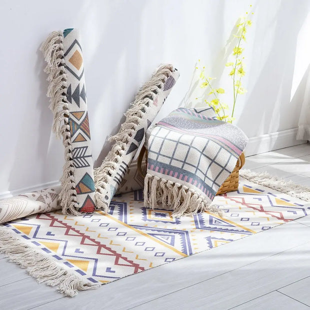 Nordic Geometric Cotton Linen Tassel Rug – Handmade Braided Mat for Living Room, Bedside, or Bath