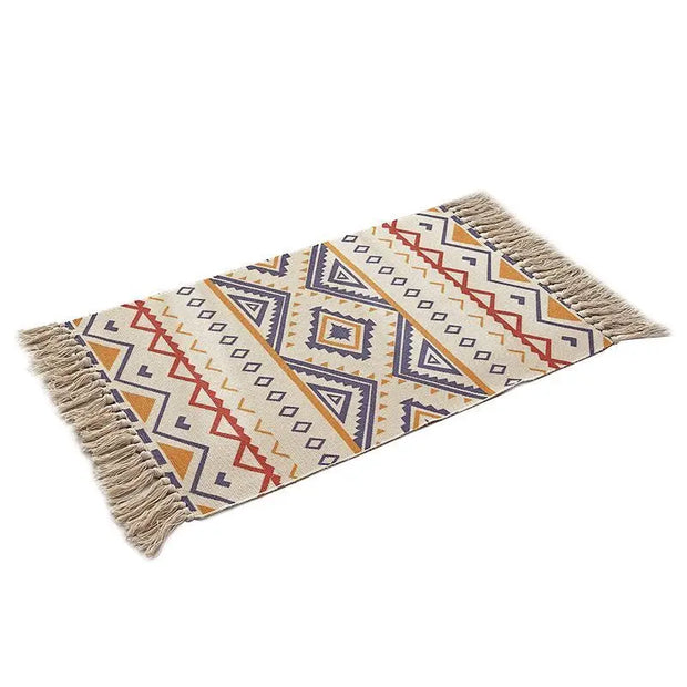 Nordic Geometric Cotton Linen Tassel Rug – Handmade Braided Mat for Living Room, Bedside, or Bath
