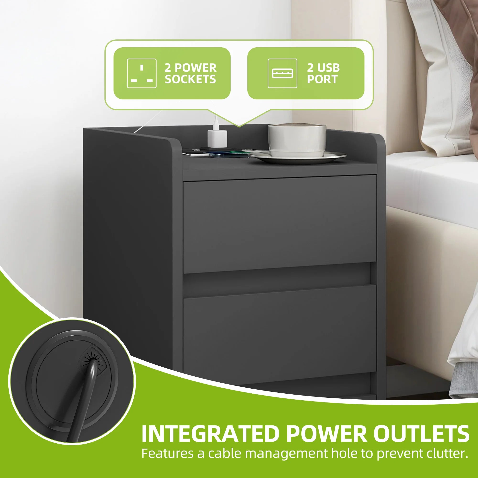 Grey Nightstand with Power Station - handmade