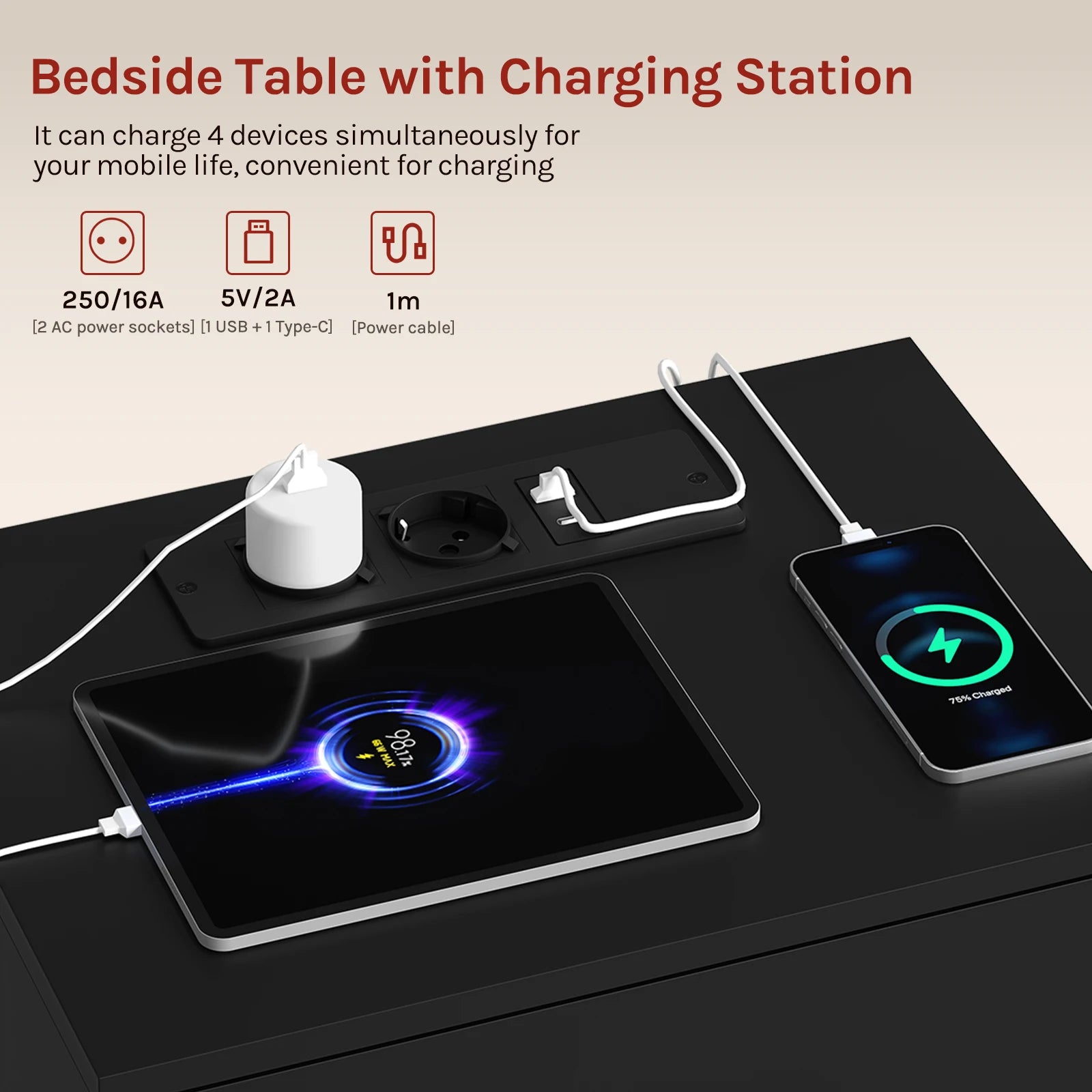 Night Table with Charging Port - handmade