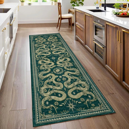 Green Retro Runner Rug – Washable Corridor Carpet for Bedroom, Bedside & Home Decor