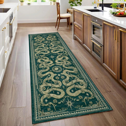 Green Retro Runner Rug – Washable Corridor Carpet for Bedroom, Bedside & Home Decor