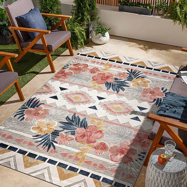 Outdoor Carpet Non-slip Machine Washable Easy To Fold Floor Mat Retro Plant Pattern Large Size Rug Balcony Living Room Courtyard