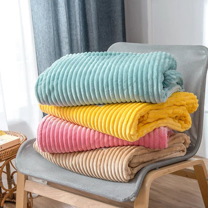 Striped Flannel Throw Blanket – Soft, Warm, Solid Pink/Blue for Bed, Sofa, Travel & Beach Use