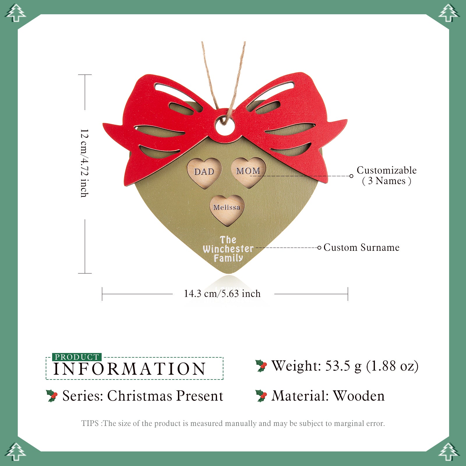 Personalised Heart Christmas Ornament - handmade