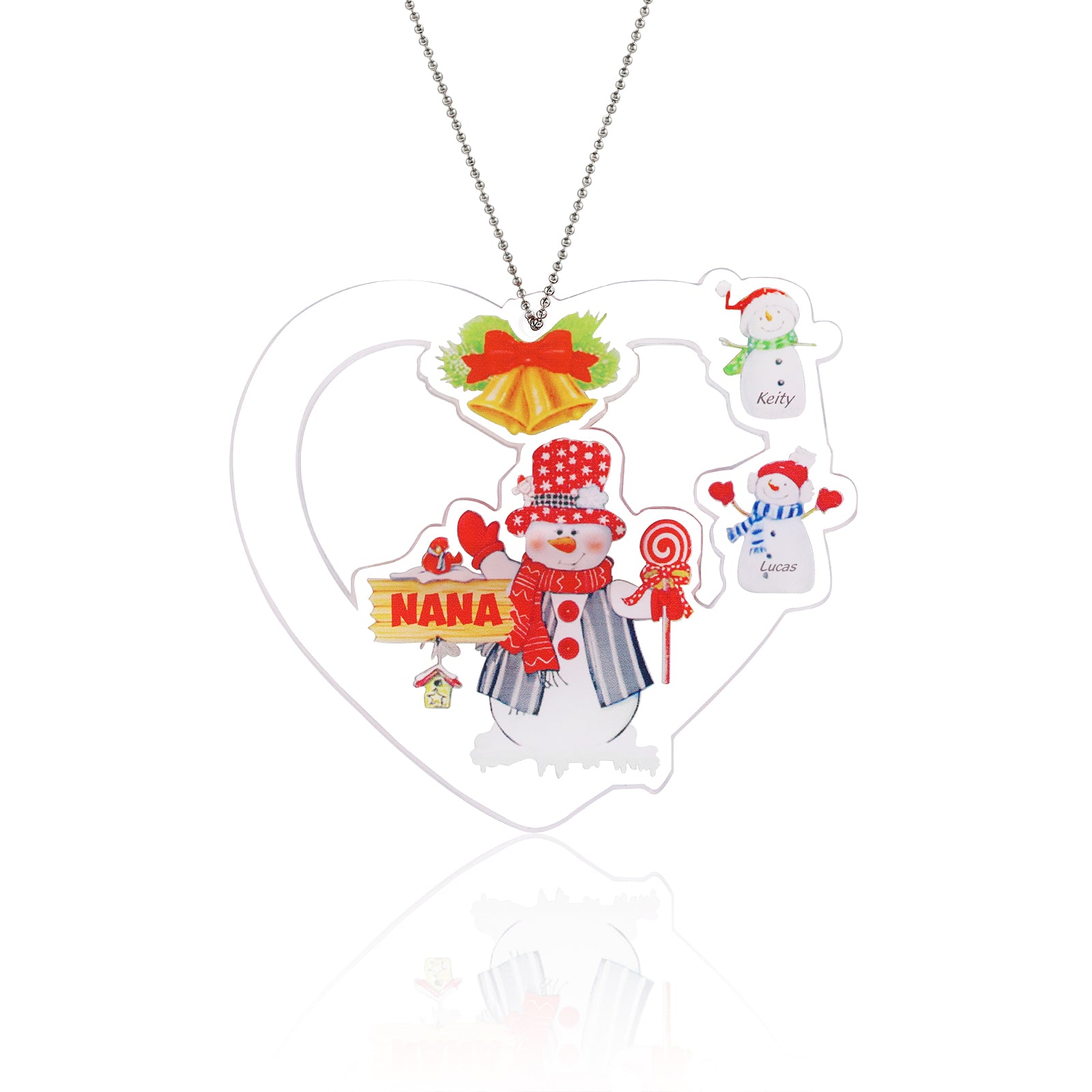 Heart Snowman Personalized Christmas Ornament with Engraved 2-8 Names - handmade