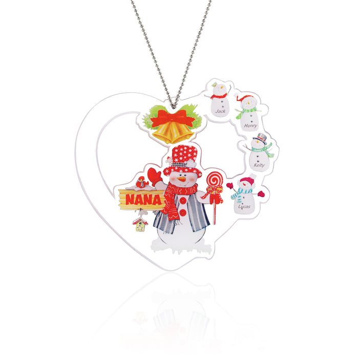 Heart Snowman Personalized Christmas Ornament with Engraved 2-8 Names - handmade