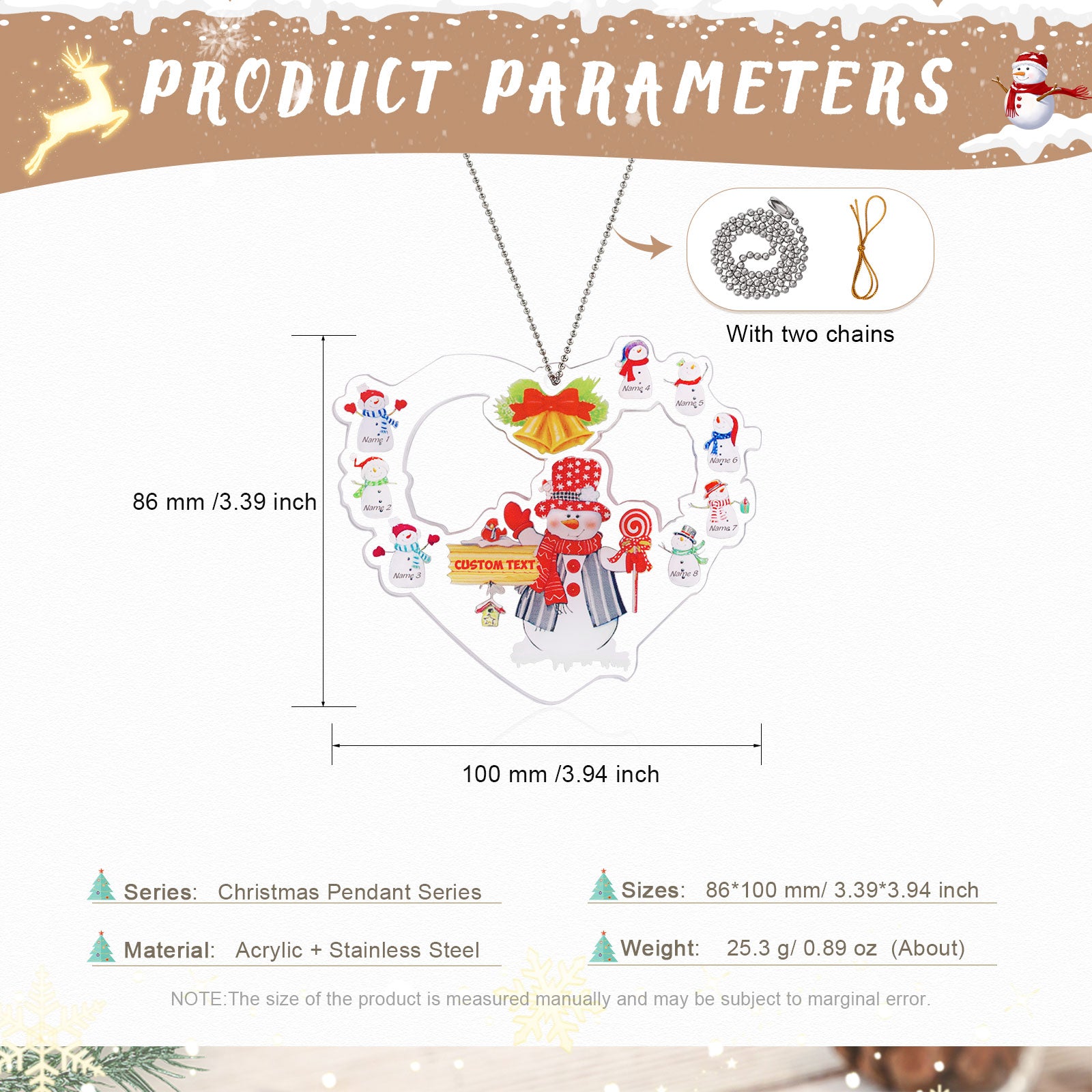 Heart Snowman Personalized Christmas Ornament with Engraved 2-8 Names - handmade