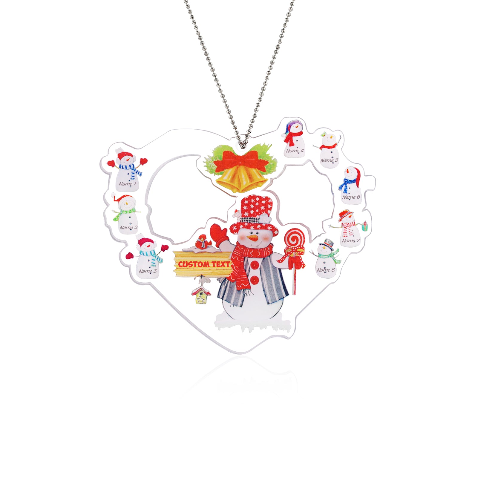 Heart Snowman Personalized Christmas Ornament with Engraved 2-8 Names - handmade