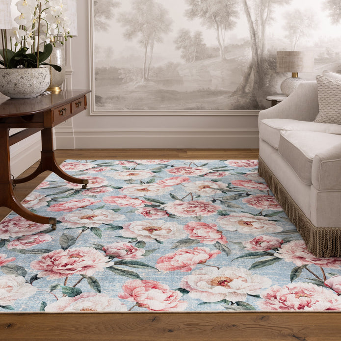 Hug Rug Eco-Washable Blooming Peonies Powder Blue - handmade