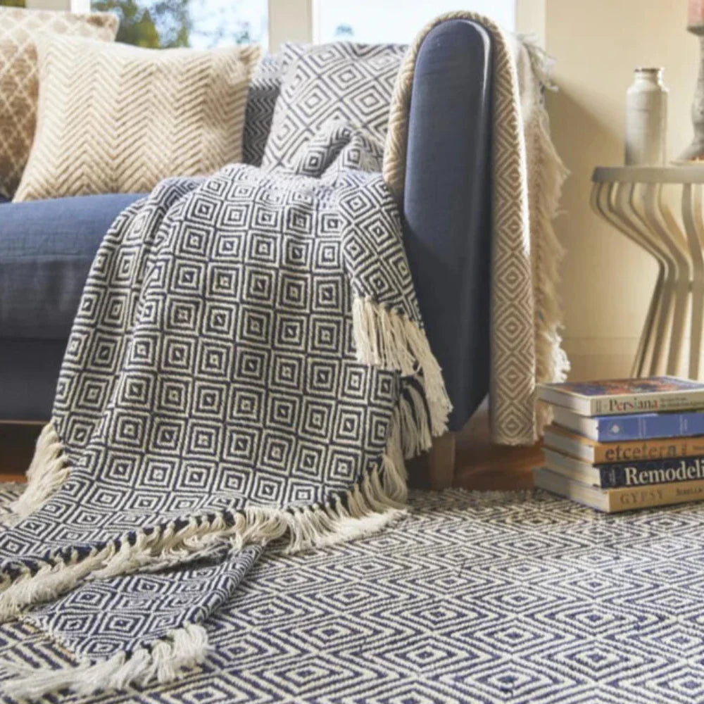 Hug Rug Woven Diamond Cushion Navy - handmade
