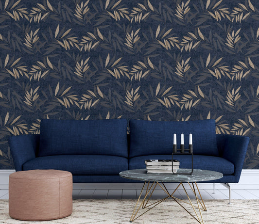 Luxury Leaf Navy Champagne Wallpaper Navy Gold RUGS_and_MORE 299301